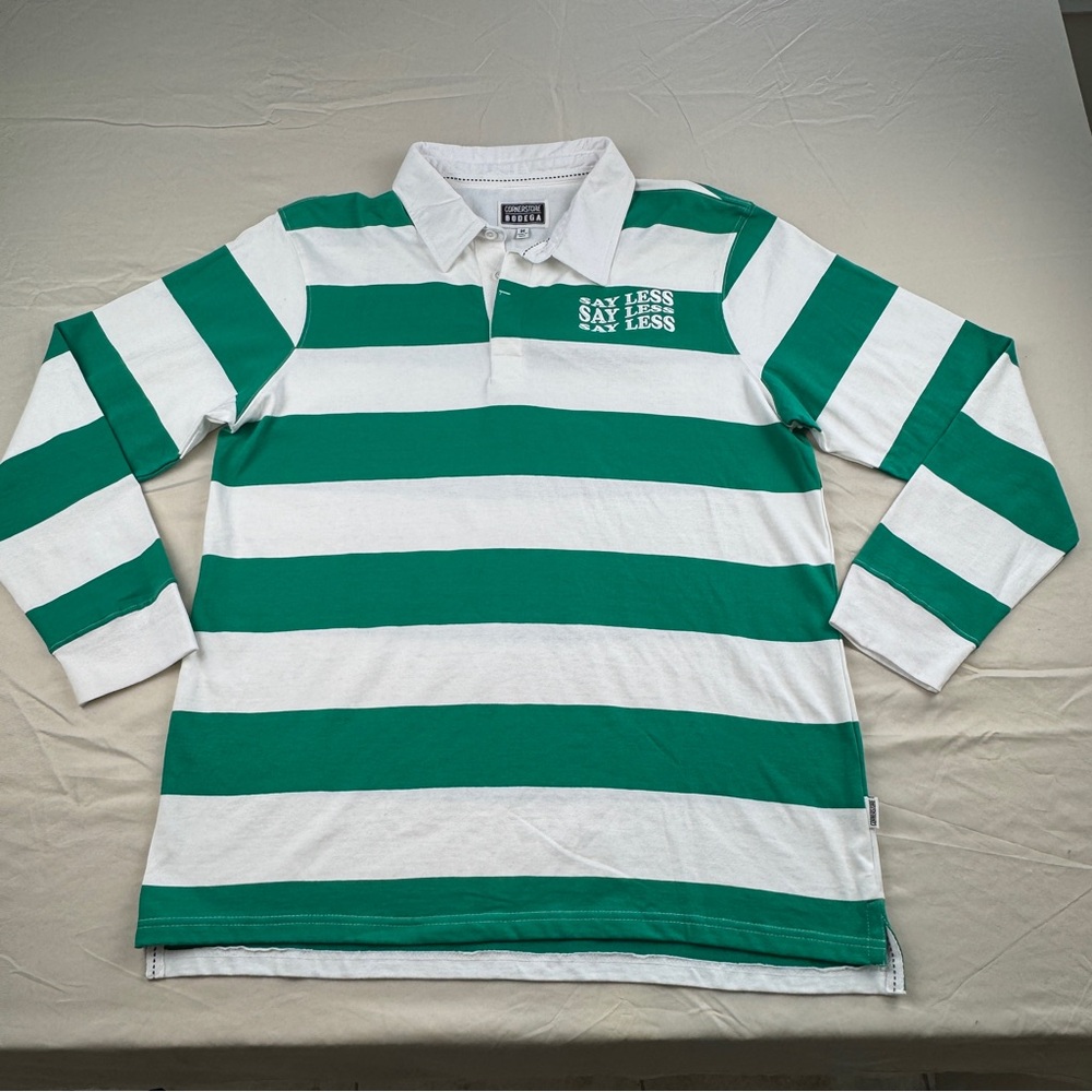 Cornerstore Bodega Men’s Rugby Stripe Y2K Polo M Green White Smiley Retro Hype